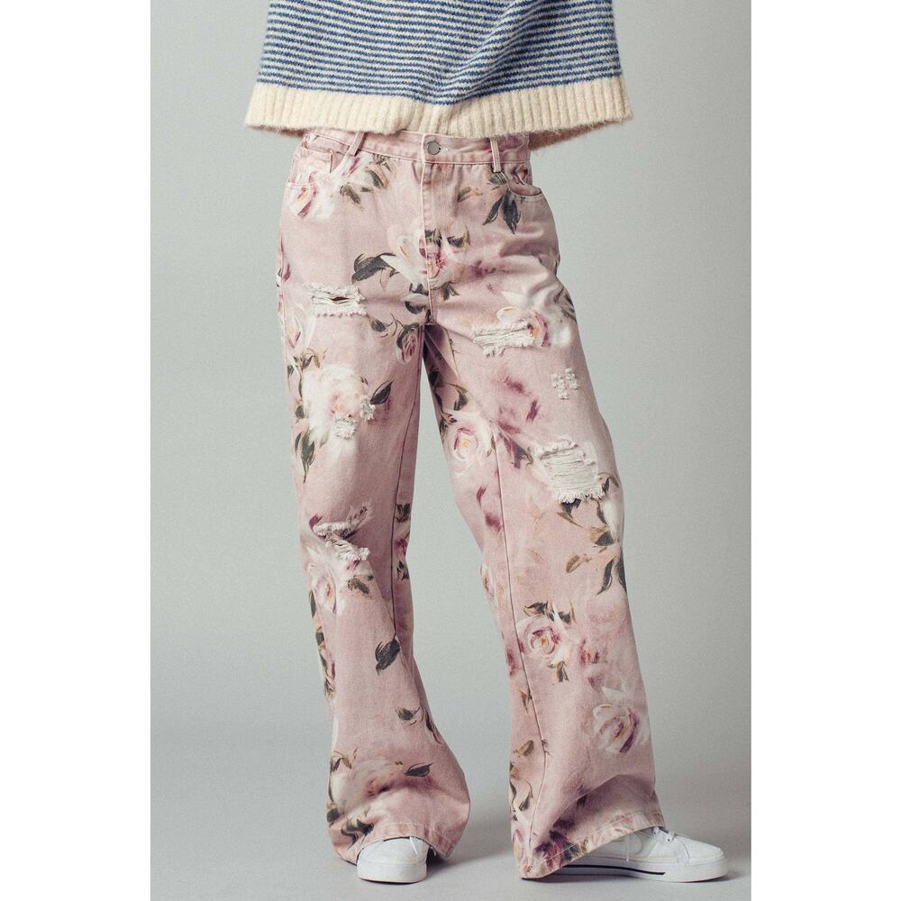 Urban Daizy Romantic Rose Print High-Rise Denim Pants - Picture 2 of 10